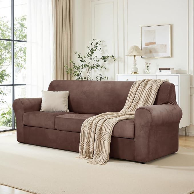 CHUN YI 4 Piece Velvet Couch Covers for 3 Cushion Couch, Water Resistant Non Slip Sofa Slipcover, High Stretch Thick Furniture Protector for Dogs Pets, Large, Brown - Image 3
