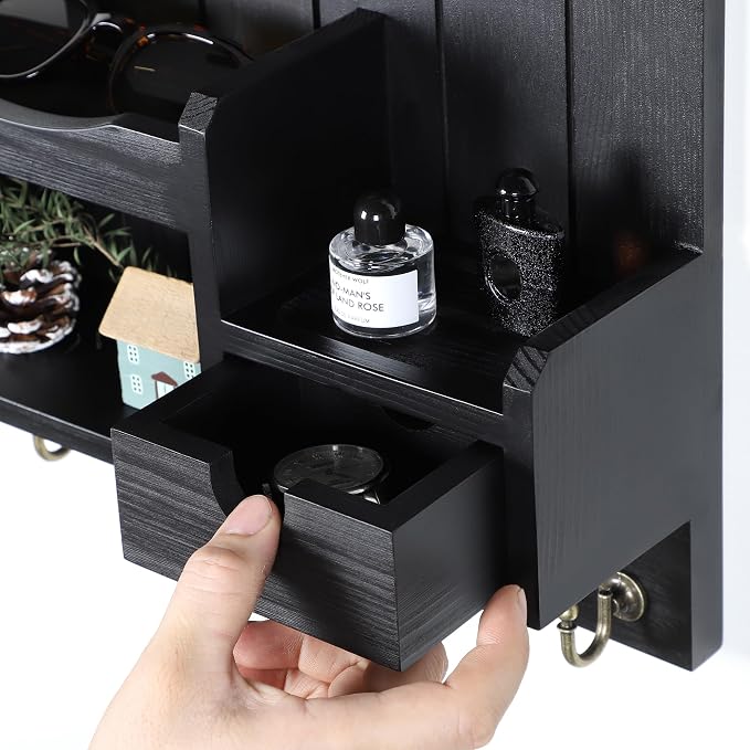 DOPACE Handcrafted Pine Wood Mail Organizer & Key Holder, Black | Hand-polished natural pine wood with storage drawer & 6 hooks, Fine spray paint finish, Easy wall mount - Image 4