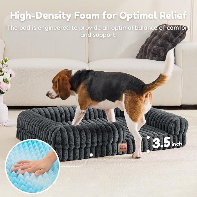 ChiXnuggle Faux Fur Orthopedic Dog Bolster Bed, Waterproof Washable Cover | rectangular dog sofa couch,egg crate foam,non-slip bottom,for large dogs,dark grey,35*28*7 - Image 3