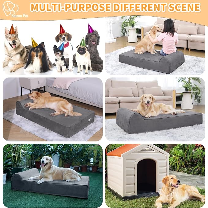 Rainmr Orthopedic Dog Beds for Large Dogs, 7" Memory Foam Dog Beds with Waterproof Liner, Durable Microsuede Cover, Removable and Washable, Nonskid Bottom, 52"x36"x7" XL Grey - Image 7