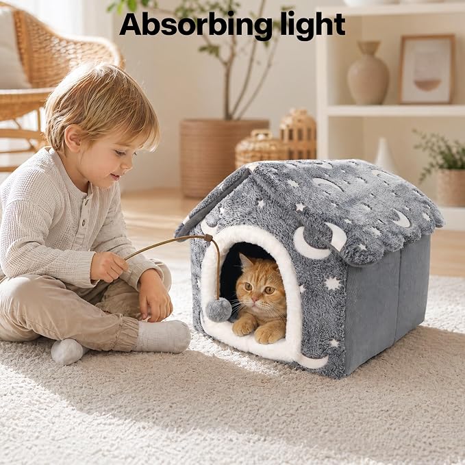 PAWISE Luminous Cat Bed Indoor, Foldable Dog House Tent with Glowing Stars Moon, Soft Warm Puppy Cave Nest for Small Dogs Cats, Washable Pet Hut (15.7"x14.5"x13.5") - Image 6