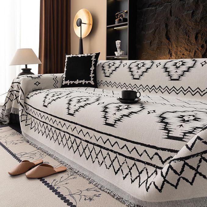 DREAMINGO Boho Couch Cover Sofa Covers for 2 Cushion Couch Jacquard Chenille Couch Cover Blanket Living Room Pet Furniture Protector Sectional Couch Covers for Dogs Washable, White, 71"x118" - Image 2