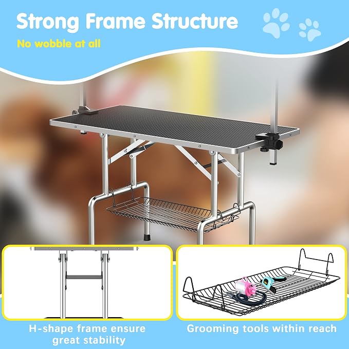 Lyromix 36'' Foldable Dog Grooming Table with Arms/Nooses/Mesh Tray, Black | Stainless Steel Grooming Table for Dogs at Home, Adjustable Pet Bathing Station, Non-Slip Waterproof Tabletop, Capacity 330Lb - Image 4