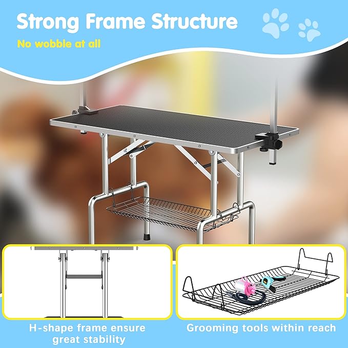 Lyromix 46''Large Dog Grooming Table, Adjustable Cat Drying Desktop with Arms, Nooses, Mesh Tray, Foldable Pet Station at Home, Maximum Capacity Up to 330Lb, 46inch, Black, 46in | Stainless Steel Grooming Table for Dogs at Home, Adjustable Pet Bathing ... - Image 4