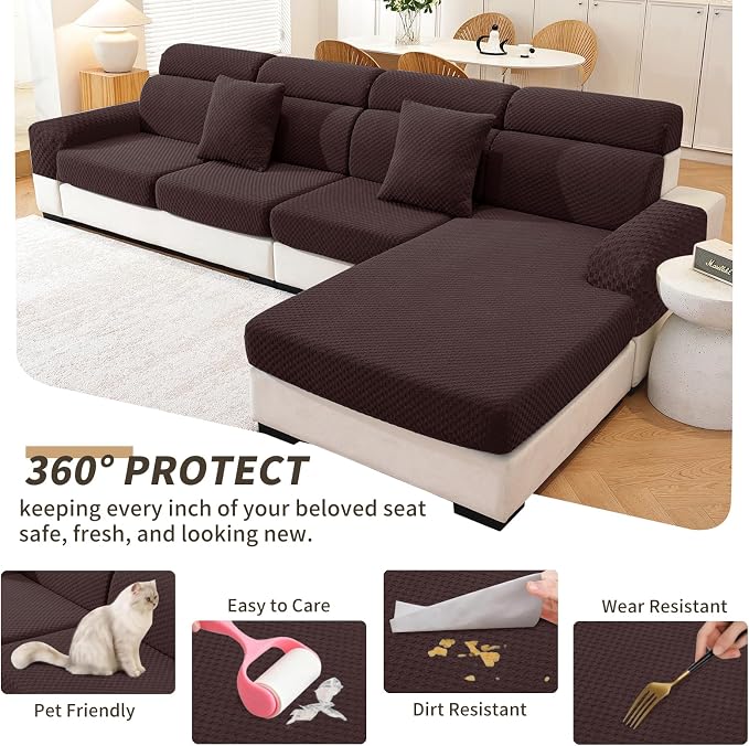 YEMYHOM Couch Cushion Covers for Sofa, Stretch Sectional Couch Seat Cushion Covers Washable Thick Furniture Protector Sofa Slipcovers for Pets (3 Seater + 1 Chaise, Dark Coffee) - Image 6