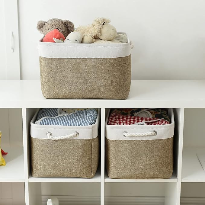TheWarmHome Organization and Storage Basket for Gifts Empty - 16x12x12 inch Cube Storage bin 3 Pack Fabric Storage Cubes, Collapsible Baskets for Organizer Closet Cloth Gift Toy (White & Khaki) - Image 2