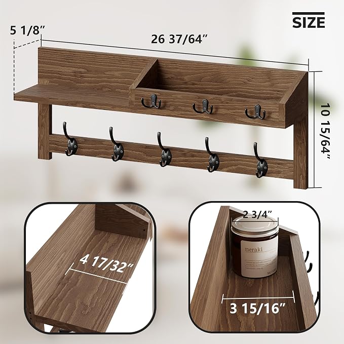 AMBIRD Wall Hooks with Shelf, 26.57 Inch Entryway Wood Coat Hooks for Wall with Shelf, Coat Rack Wall Mount with 5 Dual Hooks 3 Key Hooks Mail Organizer and Key Rack Holder (Brown) - Image 3
