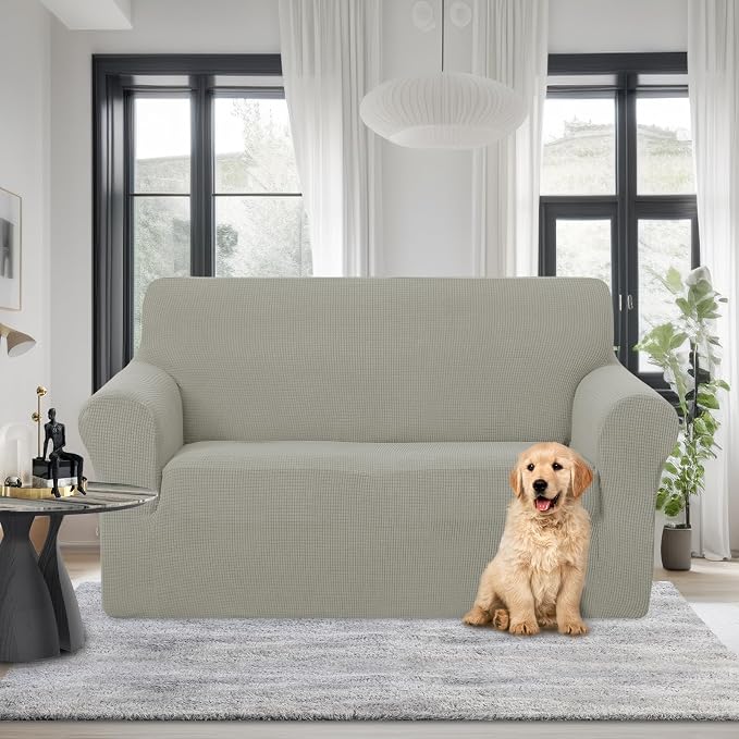 U-NICE HOME Loveseat Cover Stretch Couch Cover Sofa Slipcover, Taupe | 2 Cushion Sofa, 1-Piece Sofa cover, Washable, Pet friendly, Furniture protector, Polyester Spandex Jacquard fabric - Image 2