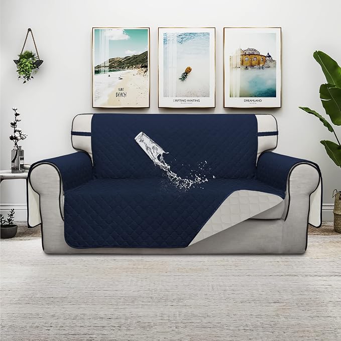 ISSUNTEX Double Protection 100% Waterproof Loveseat Sofa Covers for Living Room, Couch Covers for 2 Cushion Couch Sofa, Reversible Furniture Protector Sofa Cover for Dogs (Loveseat, Navy/Ivory) - Image 2