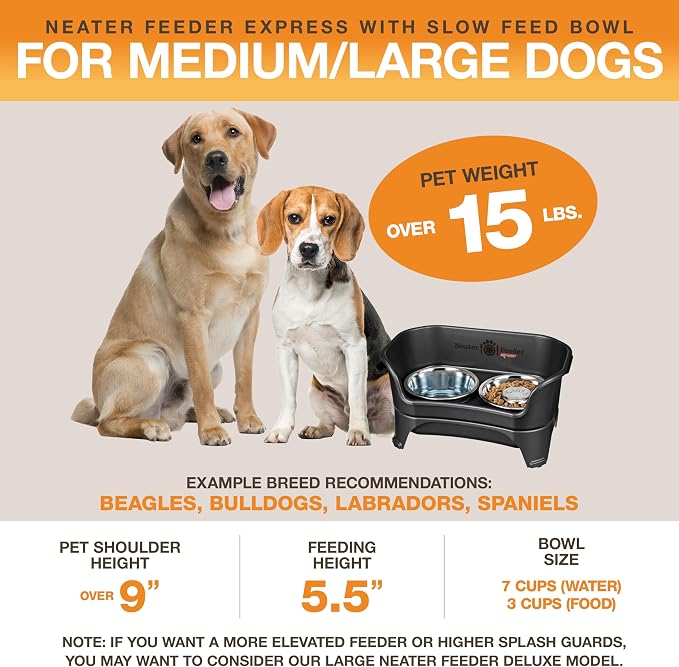 Neater Feeder - Express Model w/ Slow Feed Bowl - Mess-Proof Dog Bowls (M/L, Black) Made in USA – Elevated, No Spill, Non-Tip, Non-Slip, Raised Stainless Steel Food/Water Pet Bowls Aid Digestion - Image 4
