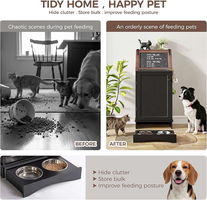 FIMELLO Dog Feeding Station with Storage, Dog Food Cabinet with 2 Hidden Feeding Bowls, Flip-Top Pet Storage Cabinet, Pet Food Holder, Black Grain - Image 5