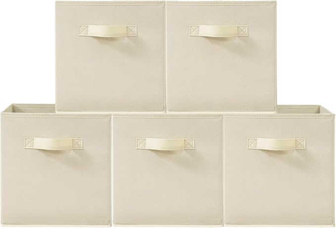 11 Inch Fabric Storage Cubes, Sturdy Foldable Storage Bins, Heavy Duty Cube Organizer for Clothes, Blankets, Shelves, Closets, Bedroom, Living Room, Beige, 5 Pack by Unknown