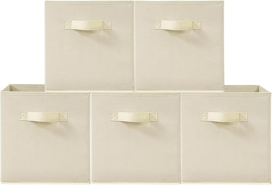 11 Inch Fabric Storage Cubes, Sturdy Foldable Storage Bins, Heavy Duty Cube Organizer for Clothes, Blankets, Shelves, Closets, Bedroom, Living Room, Beige, 5 Pack by Unknown