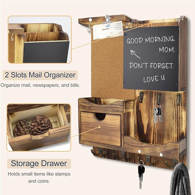 Key Holder Wall Mount， Mail Organizer Key Holder for Wall with Shelf, Drawer, Chalkboard, Corkboard, Home Decor Wall Mounted for Room Entryway(Natural Wood) - Image 6