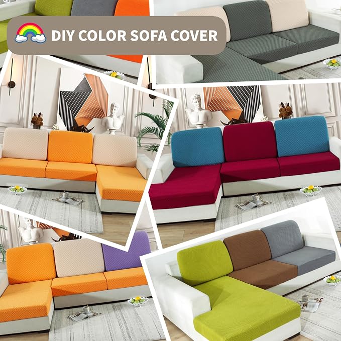 【Clearance】 Sectional Couch Covers for L Shaped Chaise Lounge 1 Piece Separate Cushion Couch Universal Replacement Large Checkered Furniture Protector with Elastic Bottom (Chaise Cover, Khaki) - Image 8