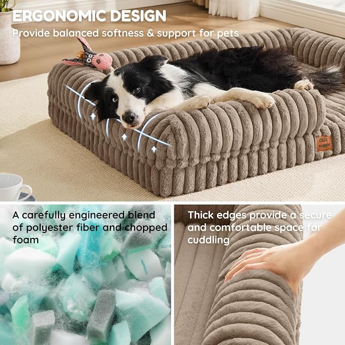 ChiXnuggle Faux Fur Orthopedic Dog Bolster Bed, Waterproof Washable Cover | rectangular dog sofa couch,egg crate foam,non-slip bottom,for extra large dogs,taupe,41*30*7 - Image 2