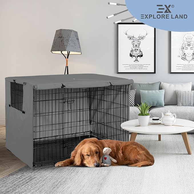 Explore Land Dog Crate Cover Heavy Duty Polyester Pet Kennel Sunshade Universal Fit for 30 inches Wire Cage (Grey) - Image 7