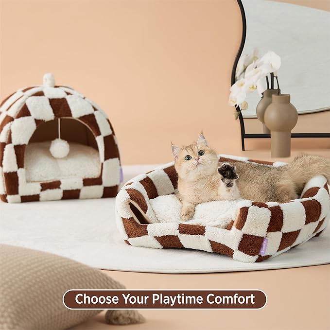 Lesure 2in1 Cute Cat House for Kitten with Washable Cushioned Pillow,17.3in | Cat Beds for Indoor Cats,Small Pet Cave Tent,Cozy Enclosed Foldable Hideaway,Fluffy Ball,Anti Slip Bottom,Hand Strap,Brown - Image 3