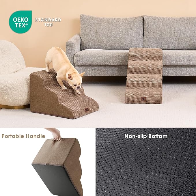 EHEYCIGA Curved Dog Stairs Ramp for Small Dogs 15.7" H, 3-Step Dog Steps for Couch Sofa and Chair, Pet Stairs for Cats, Non-Slip Balanced Pet Steps Indoor, Camel - Image 5