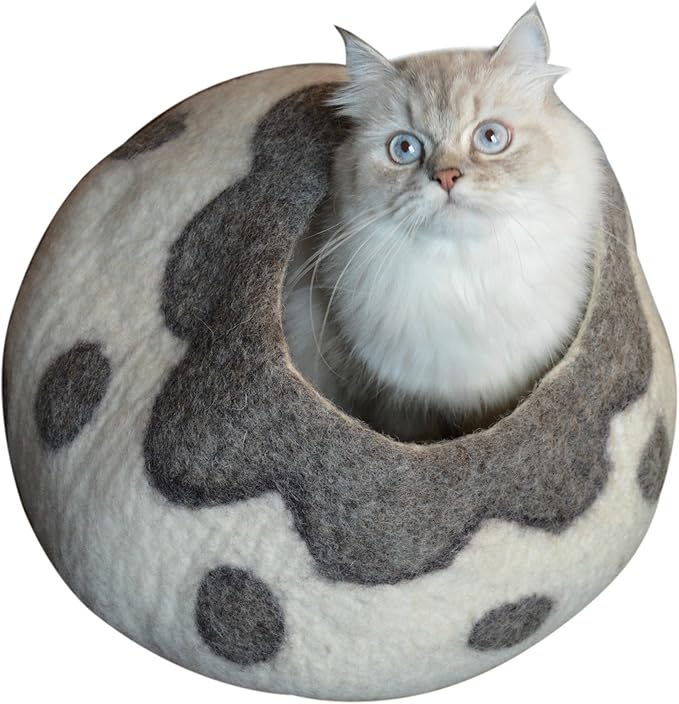 Cat Cave Bed - Gray White Handmade Felted Wool, Large Covered Cozy Cocoon, Indoor Hideaway Igloo House, Also Perfect Kitten Gift, By Earthtone Solutions (Cozy Pueblo) by EarthtoneSolutions