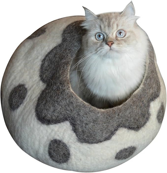 Cat Cave Bed - Gray White Handmade Felted Wool, Large Covered Cozy Cocoon, Indoor Hideaway Igloo House, Also Perfect Kitten Gift, By Earthtone Solutions (Cozy Pueblo) by EarthtoneSolutions