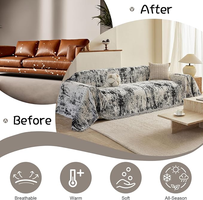 VClife Boho Couch Cover, Non Slip Soft Couch Covers for 3 Cushion Couch Sofa Pet Friendly, Irregular Vintage Black Off-White Scraped Texture Furniture Protector Sofa Slipcover for Dog, 71" X 134" - Image 4