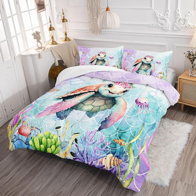 Cartoon Sea Turtle Comforter Set Mermaid Scale Turtle Printed Bedding Set with 1 Comforter and 2 Pillowcases for Boys and Girls Bedroom All Season(Turtle Twin) - Image 3