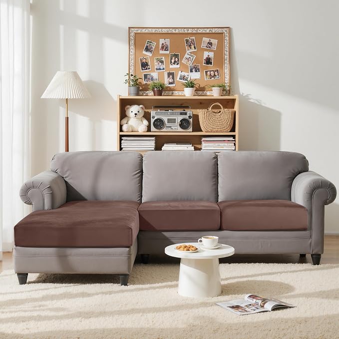 CHUN YI Velvet Couch Cushion Covers, 3 PC Water Resistant Sectional Couch Covers for L Shape Sofa, Individual Seat Cushion Protector for Pets (2 Seater + 1 Chaise, Brown) - Image 2