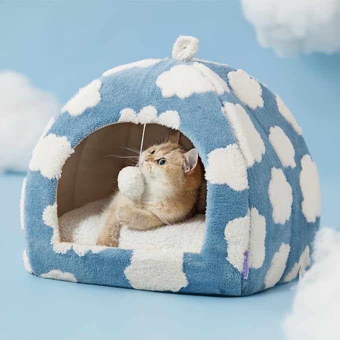 Lesure Cute Cat Beds for Indoor Cats - 2 in 1 Cat Cave Bed for Kittens and Small Pets with Removable Washable Cushioned Pillow, Cozy Kitten Tent with Non-Slip Bottom, Blue, 16 inches - Image 6