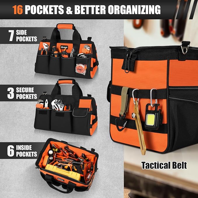 UUP 15" Heavy Duty Tool Bag, 16-Pocket Tool Box Organizer Orange | 16 Pockets & MOLLE. Detachable Strap & Handle. Non-slip Base, Metal Buckle. 30lb Holds Tools on Truck, Garage, Men Gift. - Image 3