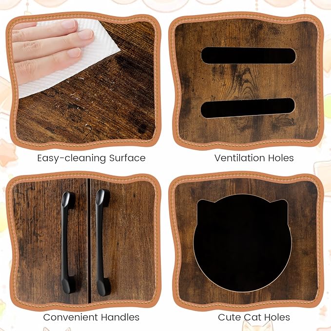 PETSITE Cat Litter Box Furniture with 3 Shelves and Doors, 56 inch Tall Cat Box Enclosure with Display Shelves and Side Entry, Indoor Hidden Litter Box with Decorative Storage Shelving (Rustic Brown) - Image 9