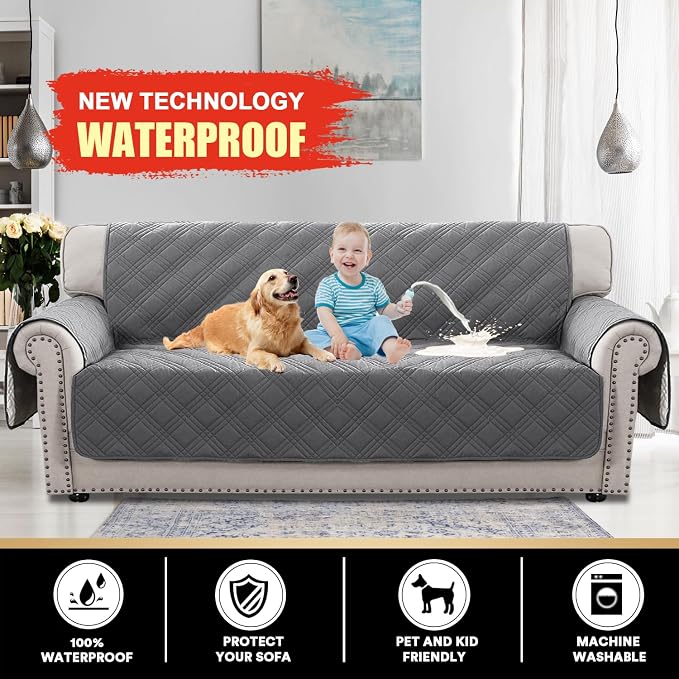 PrinceDeco 100% Waterproof Couch Cover for 3 Cushion Couch Sofa Pet Friendly Non-Slip Couch Cover for Dogs Washable Water Resistant Furniture Protector with Elastic Straps(XL Sofa 78", Grey) - Image 2