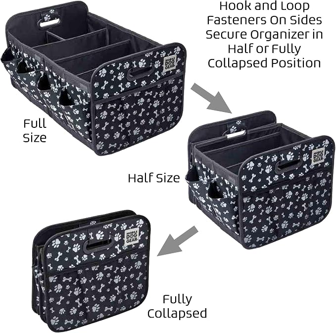 Mobile Dog Gear, Dogssentials Collapsible Storage Organizer for Travel with Built-in Waste Bag Dispenser, Includes 1 Roll of Waste Bags, Black/White Paw Bone Print, Meets Airline Regulations - Image 3