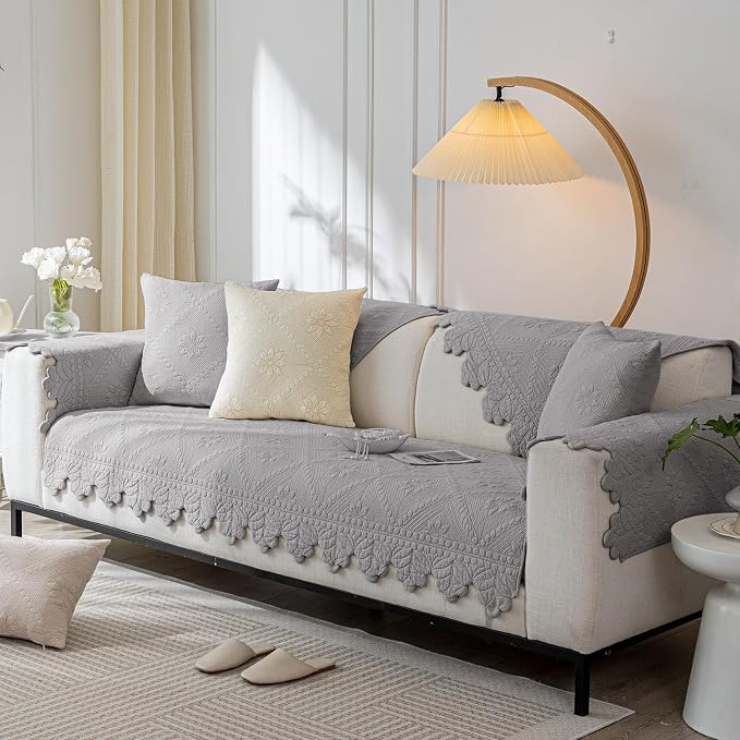 Cotton Quilted Dog Couch Cover for Sofa Farmhouse Rustic Embroidery Sectional Couch Cover Soft Anti-Slip Sofa Slipcover Furniture Protector for Kids, Pets (Grey,28"x82") - Image 3