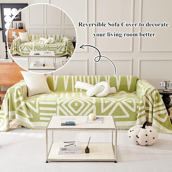 91" x118" Green Geometric Pattern Reversible Chenille Sofa Cover with Tassels Thick Couch Cover for All Shape Sofas Boho Sofa Slipcover Furniture Protector for Dog Pet Scratching, Washable - Image 2