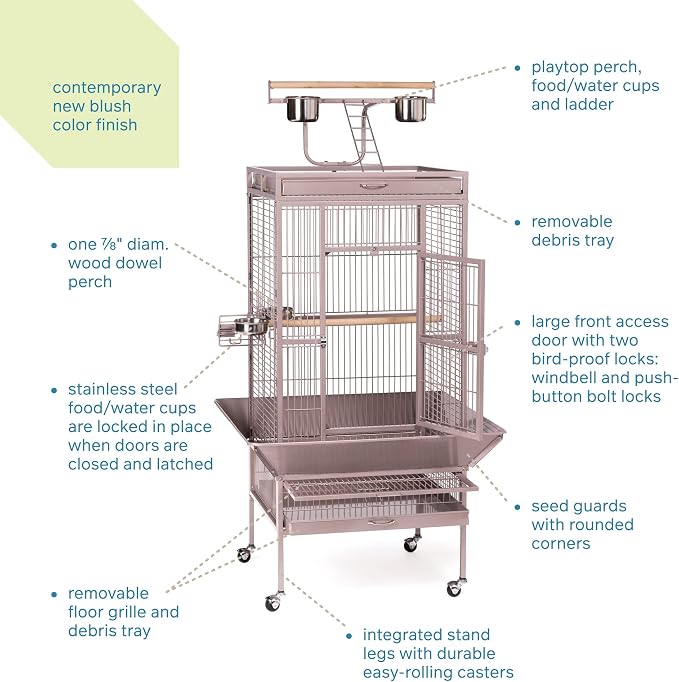 Prevue Pet Products Playtop Bird Cage - Medium Cage with Wheels for Parrots, Conures, Cockatiels, & Similarly Sized Birds, with Rolling Stand and Seed Guard - Blush Finish - Image 2