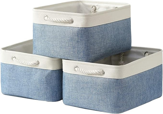 TcaFmac Storage Bins for Organization - Large 3 Pack Canvas Storage Basket for Shelves with Handles, Collapsible Baskets for Organizing for Closet Dog Laundry (White & Blue16x12x8 inch) by TcaFmac