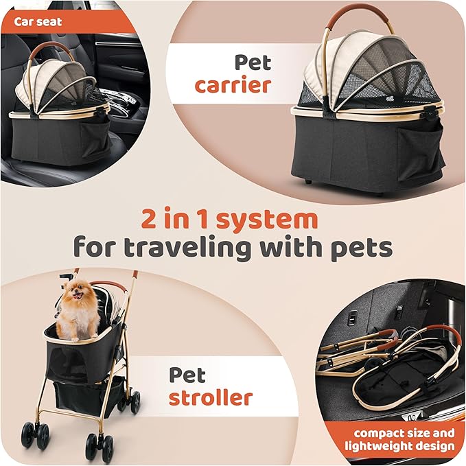 Pet Stroller for Small Medium Dogs & Cats – 2-in-1 Detachable Carrier, Zipperless Entry, Lightweight Folding Travel Stroller with Storage Basket, Cup Holder, Black&Beige