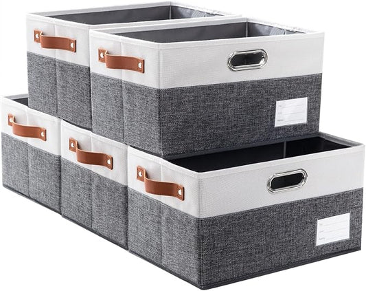 PRANDOM Larger Foldable Storage Bins with Handles [5-Pack] Fabric Collapsible Storage Boxes Baskets Cubes Containers with Handles for Closet Living Room Bedroom (Grey & White 17.3x12.2x10.4') by Prandom