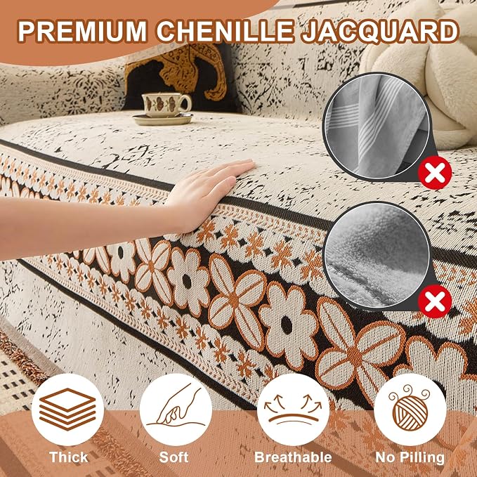STACYPIK Vintage Floral Sofa Covers, Reversible Cream White Couch Cover Blanket for Loveseat, Botanical Jacquard Pets Protector for 3 Cushion Couch, Tassel Sofa Slipcover for Sectional Sofa-71X150IN - Image 4