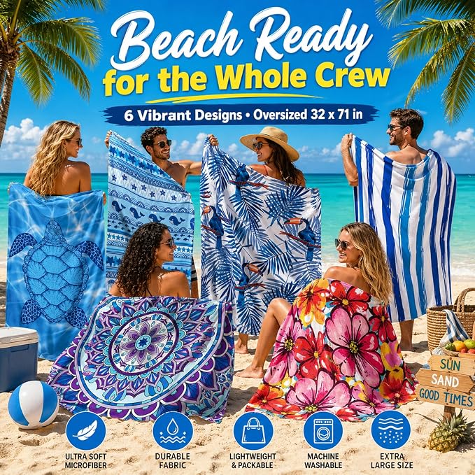 6 Pack Microfiber Beach Towel Set 32x71 Oversized Extra Large Swim Pool Towel Soft Fiber Beach Towels Set Absorbent Bath Blanket for Spa Travel Swim Pool Accessories Vacation Essential Gift(summer) - Image 5