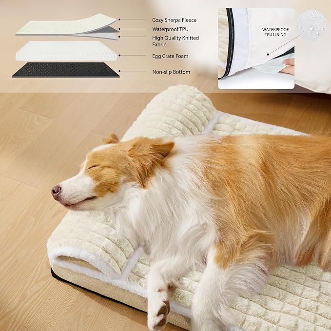 Orthopedic Large Dog Bed Pillow Pet Sofa Bed 42''X28'' Ivory | Egg-Crate Foam Pet Couch Large Sized Dog, Waterproof Removable Washable Cover,Furry Puppy Crate Mat With Nonskid Bottom - Image 3
