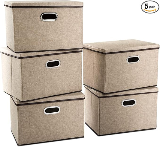 PRANDOM Extra Large Collapsible Storage Bins with Lids [5-Pack] Linen Fabric Foldable Storage Baskets Boxes Organizer Containers Cube with Cover for Bedroom Closet Office Nursery (22.8x15.75x13.8) by Prandom