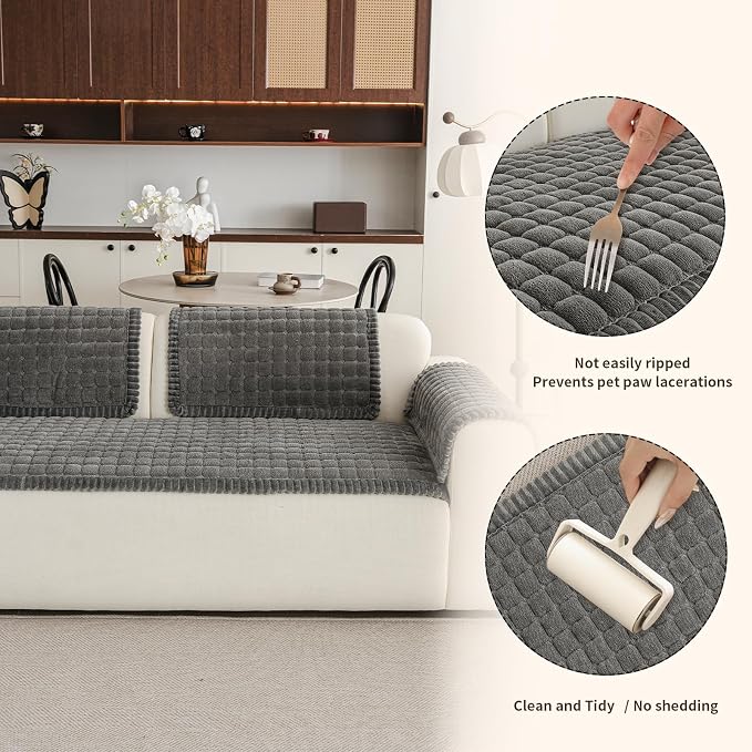 Couch Covers for Sofa Washable, Non Slip Couch Covers for Dogs, Soft Plush Pet Friendly Dog Couch Cover, Plaid Couch Protector for Dogs, Pet Couch Cover for 2-3 Seats(Dark Grey,28"×94",1PC) - Image 6
