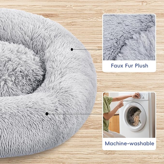 FluffyDream 24 Inch Donut Dog Bed, Calming Plush Fur Cuddle Bed for Dogs and Cats, Grey Washable Round - Image 3