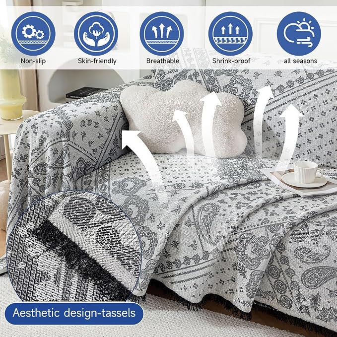 ROOMLIFE Black Couch Covers for Sofa, Sofa Covers Washable Non Slip Furniture Protector Couch Sofa Covers for 3 Cushion Couch, Breathable Sofa Slipcovers Couch Cover Blanket with Tassels 71" X 150" - Image 2