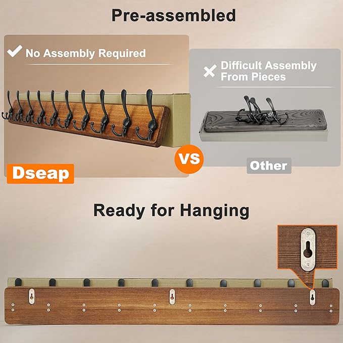 Dseap Coat Rack Wall - Heavy-Duty 38-1/4" Long, with Reinforced 10 Custom Tri-Hooks, Solid Wood Wall Hanger for Coats Hat Jackets - Rustic Farmhouse Entryway Hallway Storage, Natural & Black - Image 5