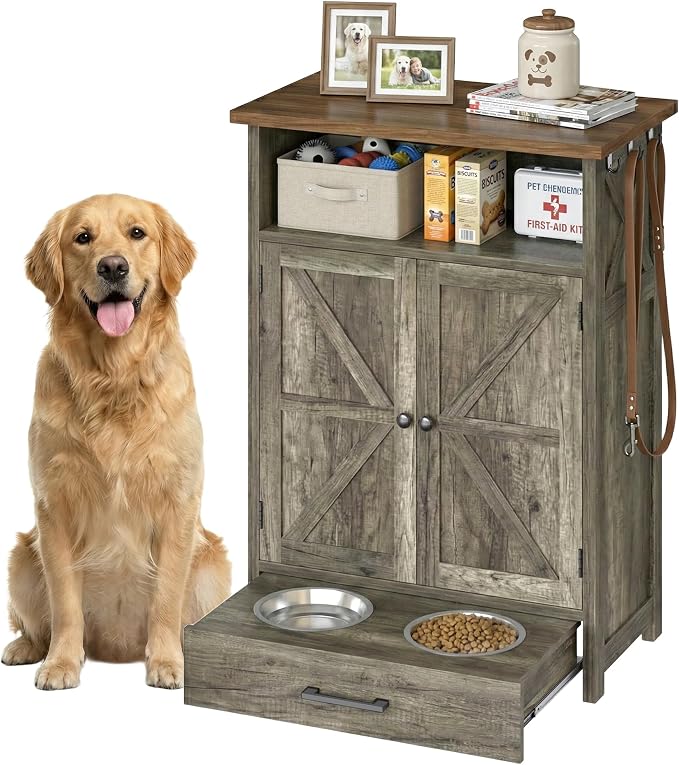 Dog Feeding Station with Storage Cabinet, Raised 2 Elevated Dog Bowls with Hidden Pull Out Drawer, Pet Feeder Organizer with 3 Side Hooks, Large Capacity Dog Food Storage Cabinet by Skybright