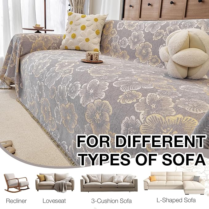 STACYPIK Floral Jacquard Gray Sofa Cover Couch Cover for 2 Cushion Couch Washable, Non Slip Sectional Slipcover for L Shaped, Vintage Botanical Floral Sofa Slipcover Chenille Throw Blanket-71X118IN - Image 8