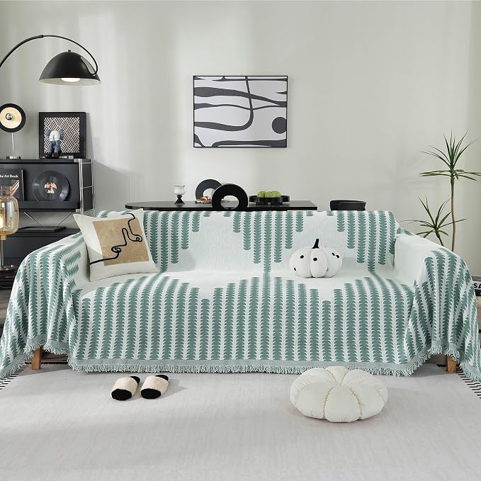 Non-Slip Jacquard with Tassels Couch Cover, Large Sofa Covers for 3 Cushion Couch, Cat Scratch Furniture Protector, Washable Wear Resistant Armchair Sofa Slipcover(71"X150",Green) by Nestiva